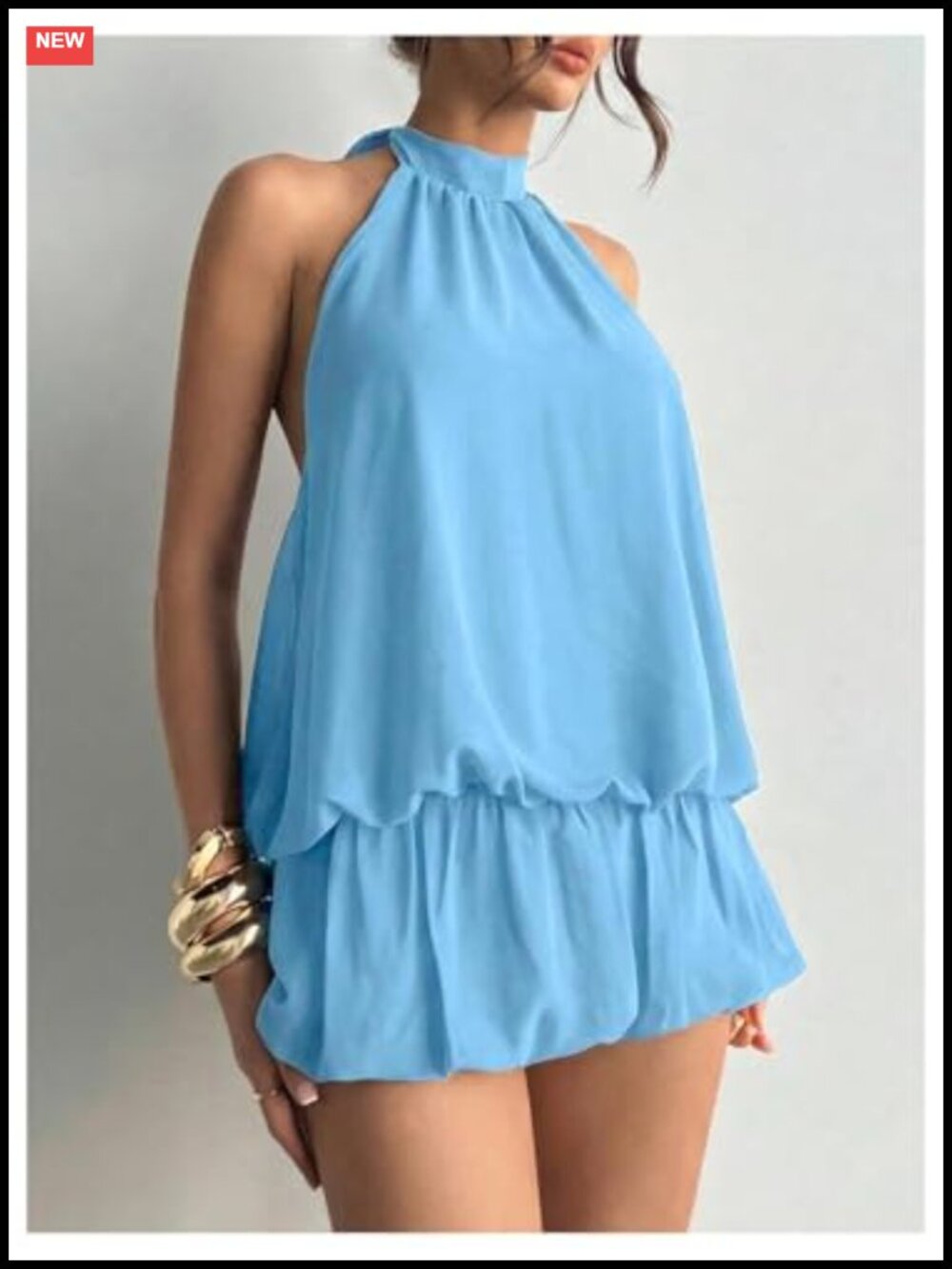 Halter Neck Open Back Ruffle Bubble Hem Mini Dress - Picture 3 of 4